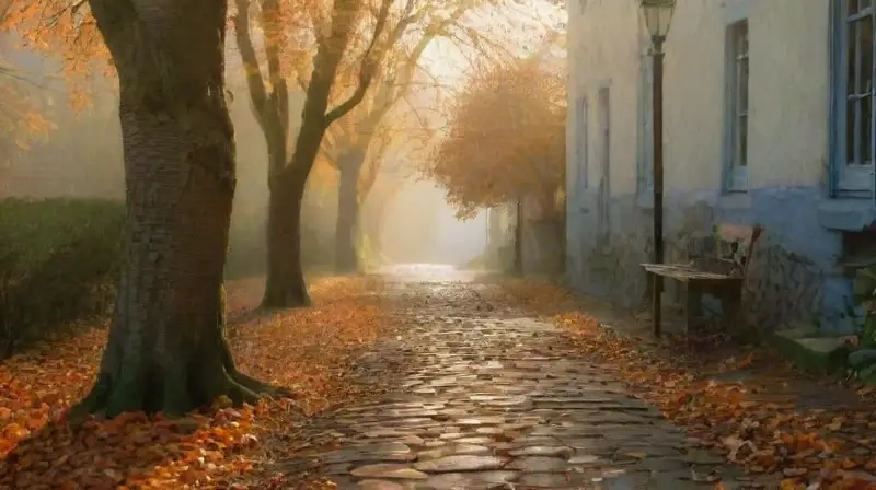 Atardecer melancólico en pueblo europeo antiguo