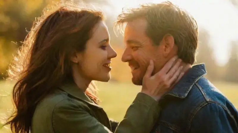 Pareja enamorada brilla bajo luz dorada