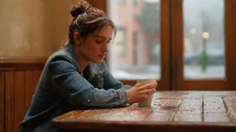 Mujer reflexiona en café nostálgico y lluvioso